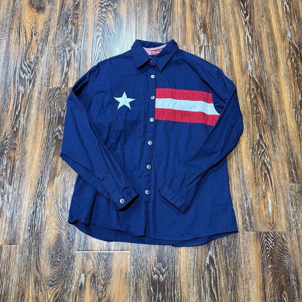 Wrangler Womens Size L Navy Blue Patriotic Star Stripes Cotton Button Down Shirt
